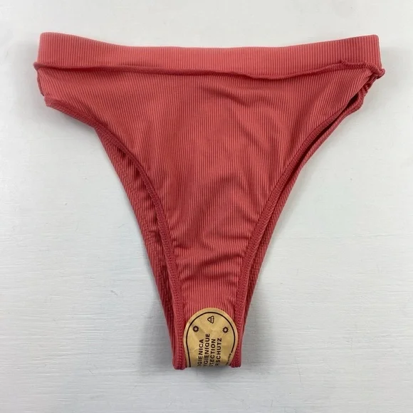 Lulus Coral High Waist Cheeky Ribbed Bikini Bottom NWT Sz Medium - Picture 8 of 9